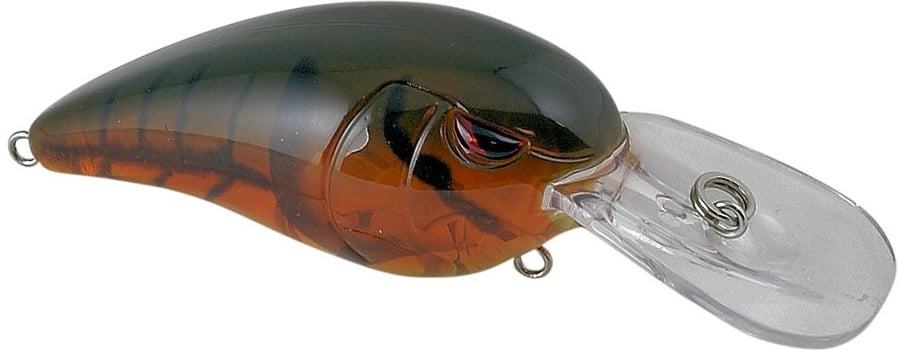 The SPRO RkCrawler MD 55 Crankbaits by SPRO is a realistic brown and black lure with Gamakatsu hooks and a large clear plastic lip for shallow dives, featuring a shiny, patterned body that mimics a small fish and includes an attachment ring.