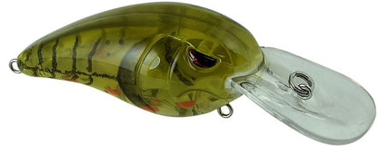 The SPRO RkCrawler 50 Crankbait is a green, fish-shaped lure with black stripes, a red eye, and red belly markings. It features a clear oval diving lip and sharp Gamakatsu treble hooks for effective fishing action.