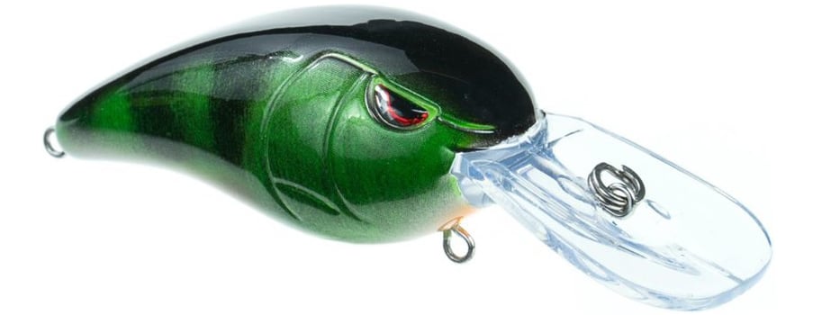 A close-up of the SPRO RkCrawler 50 Crankbait shows its green and black body, red eye detail, clear elongated plastic lip, and metal loops for attaching Gamakatsu treble hooks.