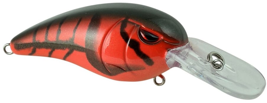 The SPRO RkCrawler 50 Crankbait by SPRO features a red and black fish-like body with a painted eye, black stripes, and a clear diving lip. Two metal rings enable easy attachment of Gamakatsu treble hooks or your fishing line.
