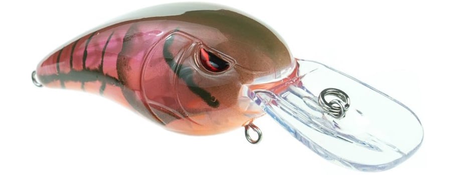 The Spro RkCrawler MD 55 Crankbaits by SPRO is a detailed pink and brown lure with Gamakatsu hooks, a large clear plastic lip, realistic eyes, and dark body stripes, ideal for shallow dives.