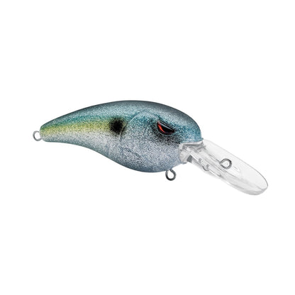 The SPRO RkCrawler 50 Crankbaits feature a blue-green, fish-shaped body with speckled pattern, red eyes, a clear diving lip, and are equipped with premium Gamakatsu treble hooks.