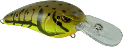 The SPRO Spro RkCrawler 50 Crankbait is a yellow and green, fish-shaped lure with black spots, stripes, a large clear plastic lip, realistic painted details, and sharp Gamakatsu treble hooks.