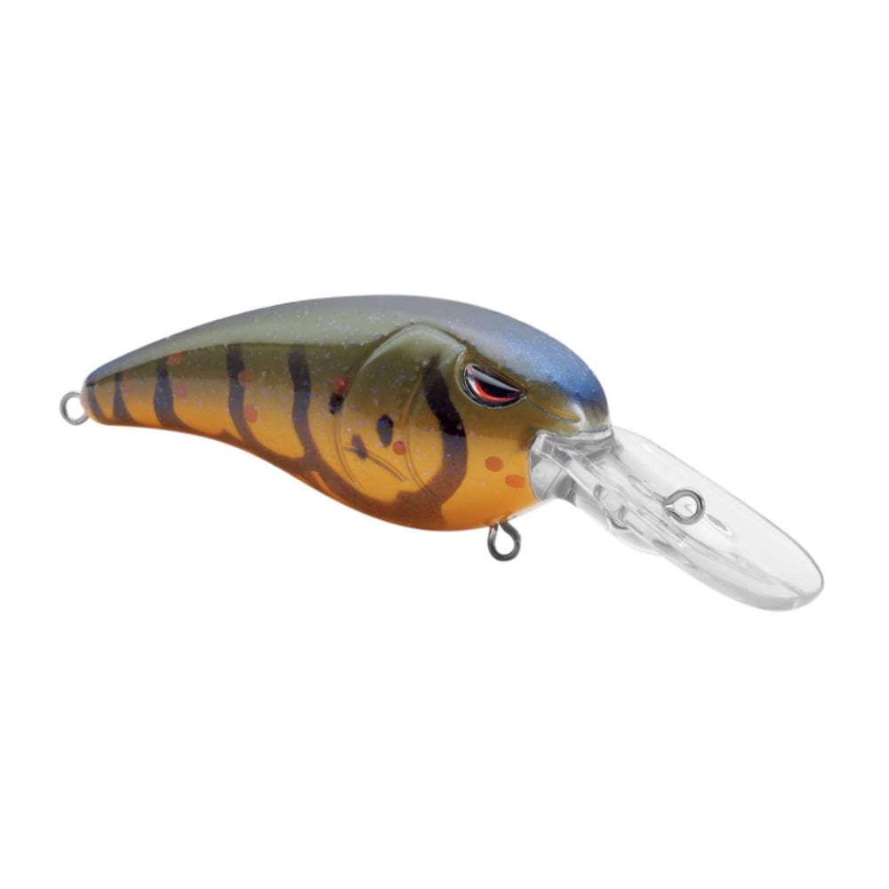 The SPRO Spro RkCrawler 50 Crankbait features an olive-green and blue top, orange belly, black stripes, clear diving lip, fish-like shape, red-accented eyes, and sharp Gamakatsu treble hooks for realistic action.