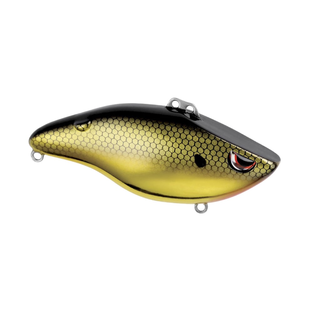 The SPRO Wameku Shad Lipless Crankbait is a lifelike lure shaped like a small fish, featuring black and gold scales, a red and white eye, and metal rings on the top and bottom for easy attachment.