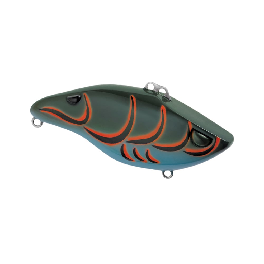 The SPRO Wameku Shad Lipless Crankbait features a green and blue body with orange and black markings, metal attachment loops, and a smooth, shiny finish.
