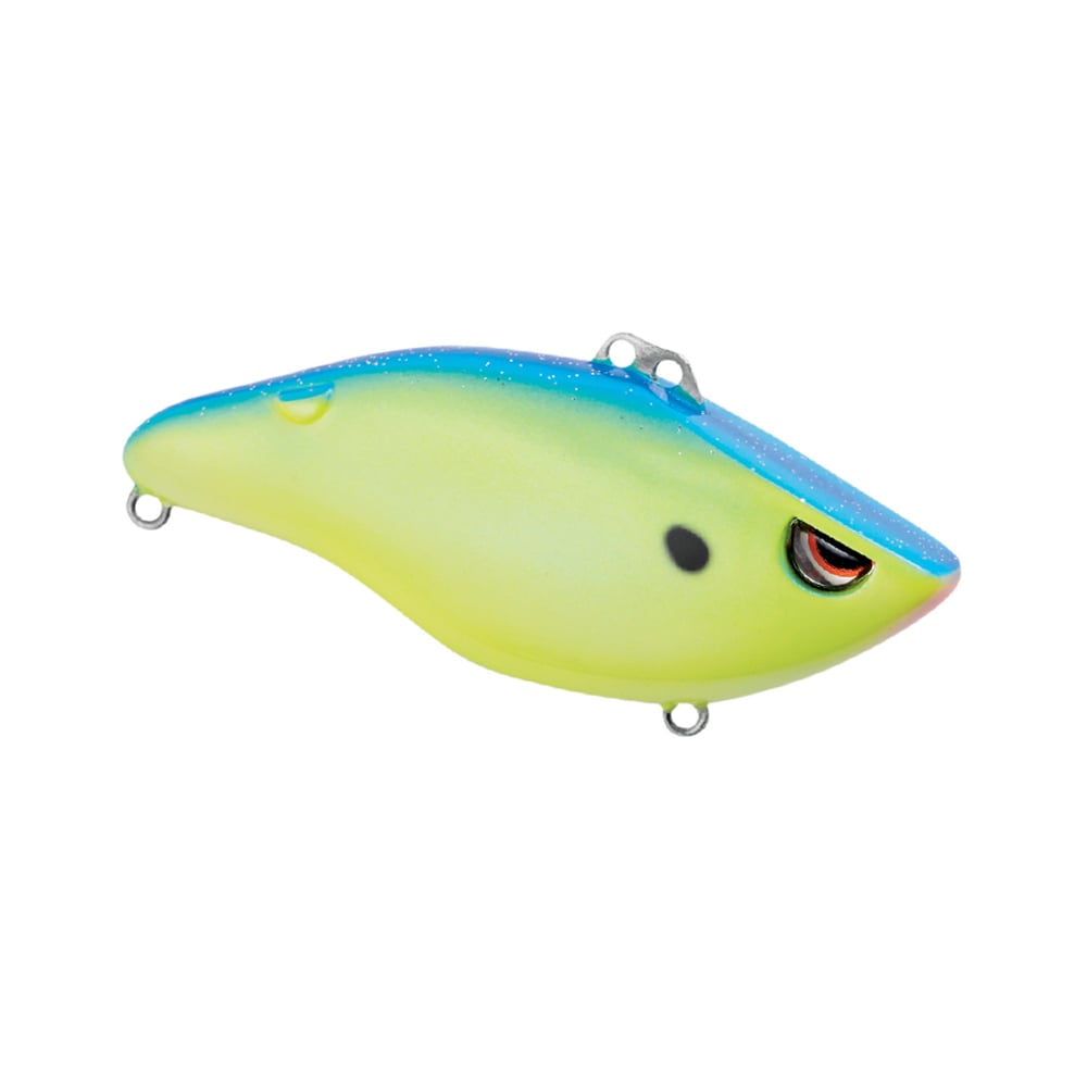 The SPRO Wameku Shad Lipless Crankbait is a bright yellow-green lure with a blue top and red-black eye, shaped like a small fish, and features metal attachment points at the top, front, and rear.