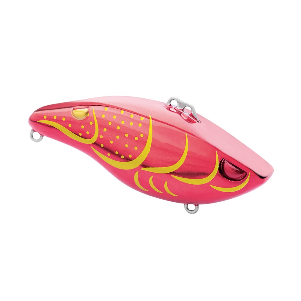 The SPRO Wameku Shad Lipless Crankbait is a pink and yellow fishing lure with a glossy finish, yellow scale patterns, and attachment loops on both ends.
