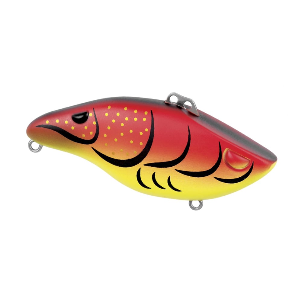 The SPRO Wameku Shad Lipless Crankbait is a brightly colored lure shaped like a fish, with red, yellow, and black markings and two attachment loops on the top and bottom.