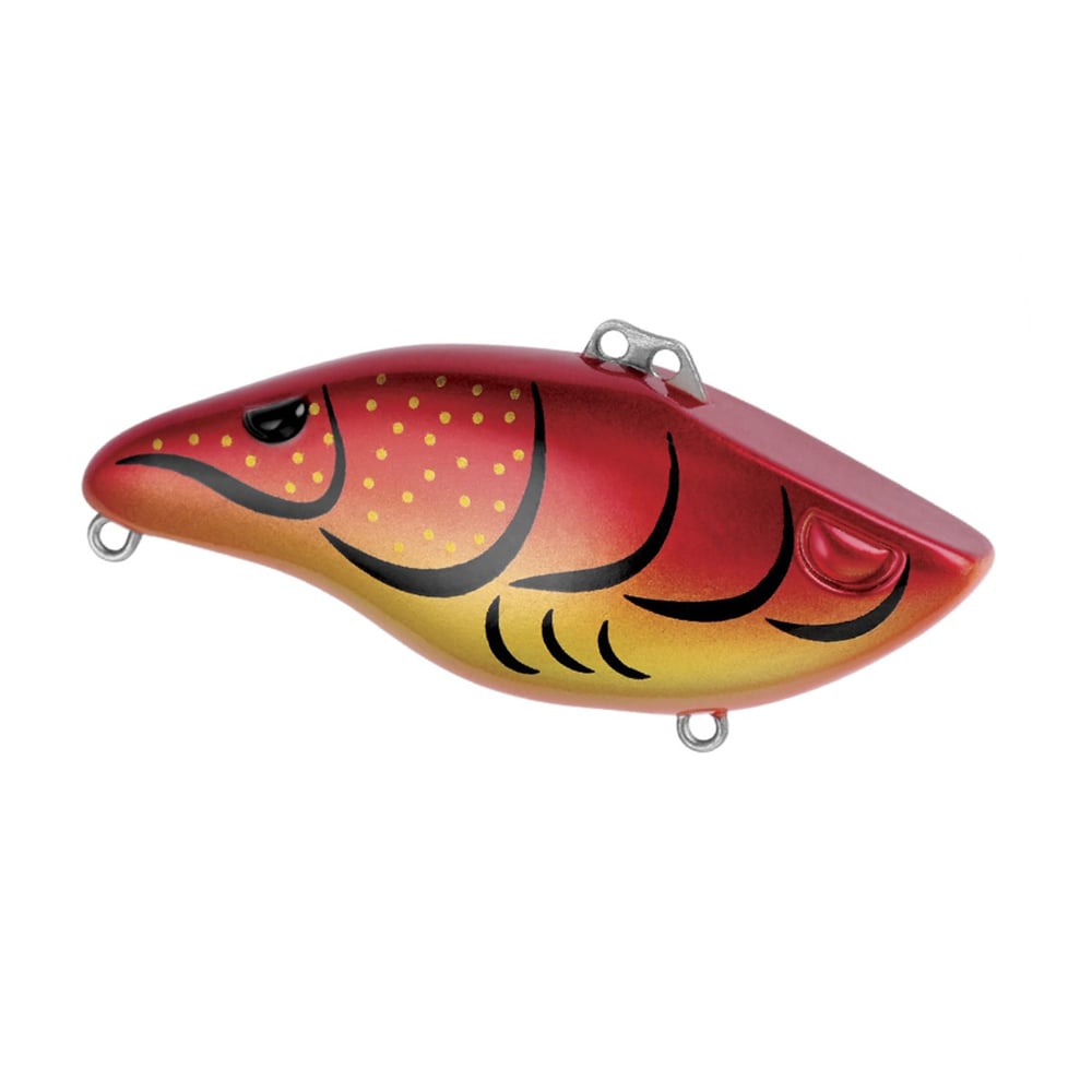 The SPRO Wameku Shad Lipless Crankbait is a red and yellow fish-shaped lure with black eye and scale details, plus metal loops top and bottom for hooks or line—a great choice for anglers seeking a realistic, effective bait.