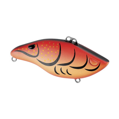 The SPRO Wameku Shad Lipless Crankbait is a brightly colored fish-shaped lure featuring a red-to-yellow gradient with black lines, yellow dots, two metal hook loops, and a small black eye.