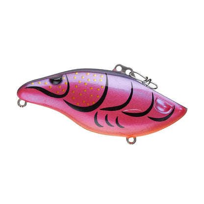 The SPRO Wameku Shad Lipless Crankbait is a colorful, fish-shaped lure in pink and purple with yellow spots, black detailing, and metal loops for attaching hooks.