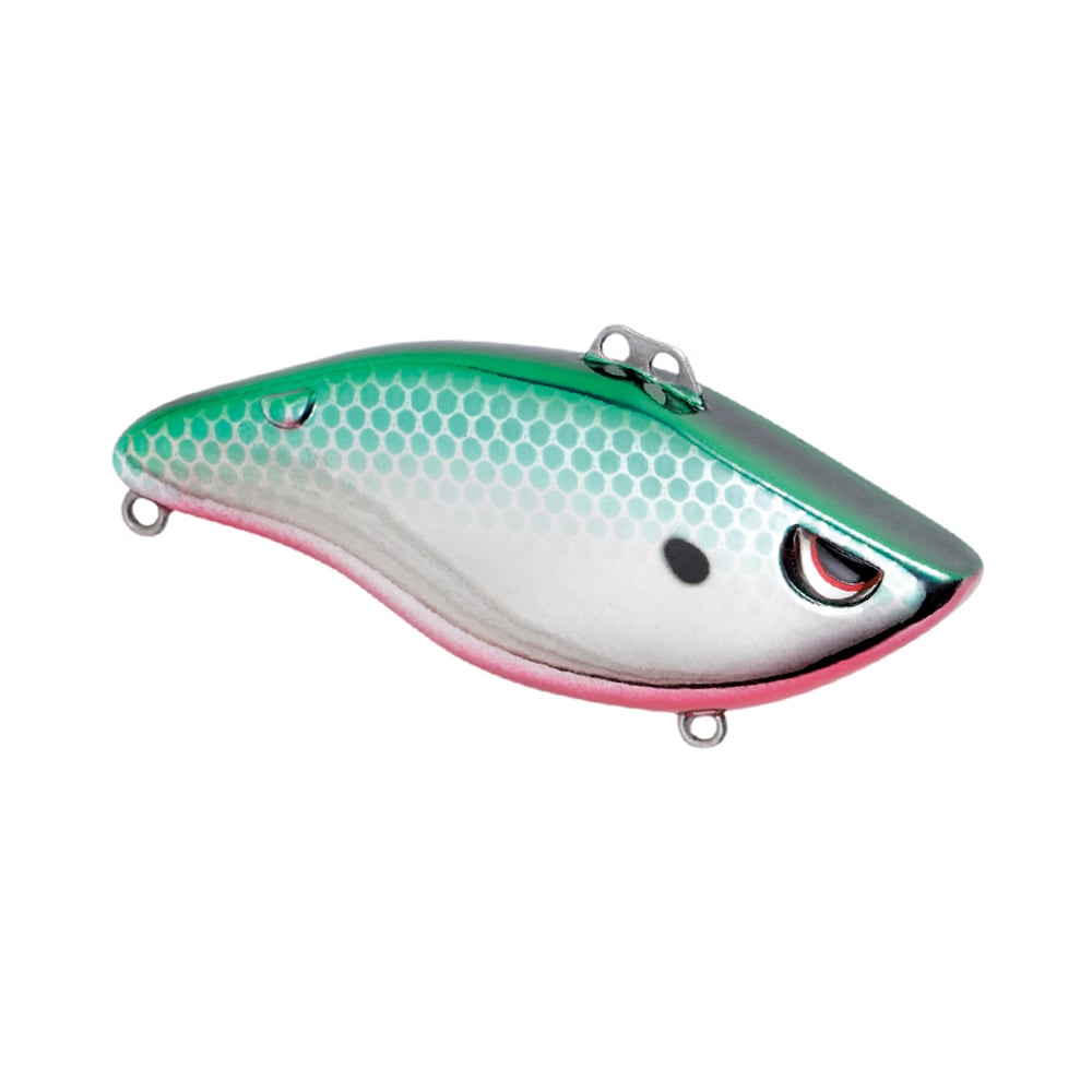 The SPRO Wameku Shad Lipless Crankbait is a shiny, fish-shaped lure with green and silver scales, a pink underside, realistic eyes, and attachment loops on top and both ends.