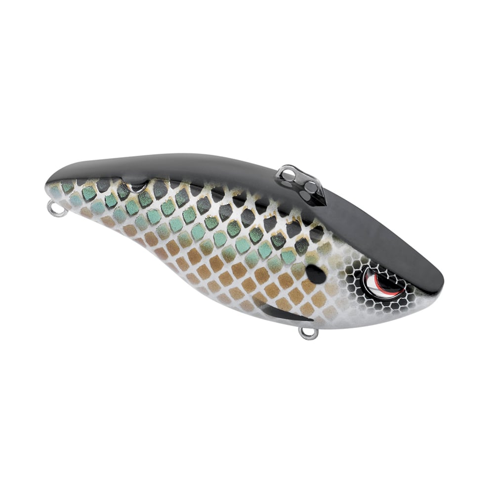 The SPRO Wameku Shad Lipless Crankbait is a fish-shaped lure with a black back, green and tan scales, red and black eye, and metal loops on top and bottom for easy attachment.