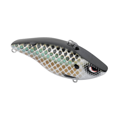 The SPRO Wameku Shad Lipless Crankbait is a fish-shaped lure with a black back, green and tan scales, red and black eye, and metal loops on top and bottom for easy attachment.