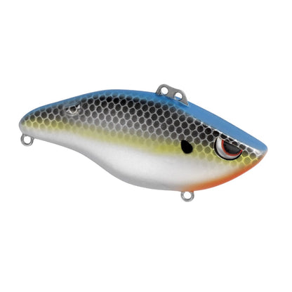 The SPRO Wameku Shad Lipless Crankbait features a blue top, silver body, yellow stripe, orange chin, lifelike scaled pattern and eye, plus multiple attachment points on the top and ends.