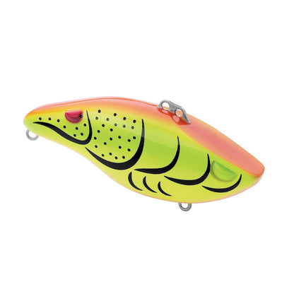 The SPRO Wameku Shad Lipless Crankbait features a yellow-green body with black markings, an orange top, and metal loops for easy line attachment—ideal for attracting big catches.