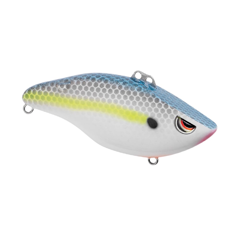 The SPRO Wameku Shad Lipless Crankbait is shaped like a small fish with a blue back, yellow side stripe, white belly, and painted eye. Metal loops make attaching line and hooks easy.