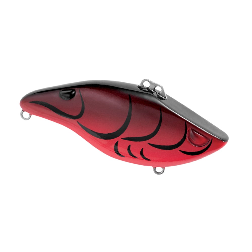 The SPRO Wameku Shad Lipless Crankbait features a fish- or shrimp-shaped design in red and black with bold black markings and three line or hook attachment points.