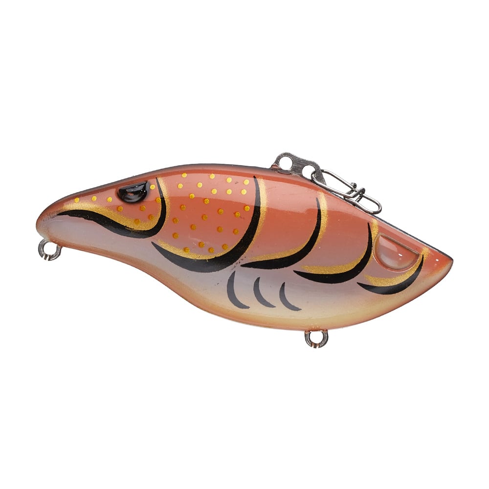 The SPRO Wameku Shad Lipless Crankbait is an orange shrimp-shaped lure with yellow spots, black markings, top hook attachment, and metal rings at both ends.