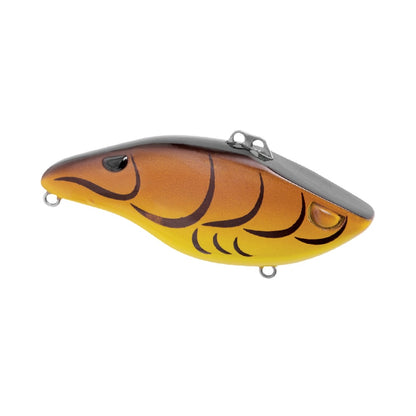 The SPRO Wameku Shad Lipless Crankbait features a realistic brown and yellow gradient, dark back, black scale-like markings, and two metal loops for easy hook or line attachment. This lifelike lure is shaped like a small fish or shrimp.