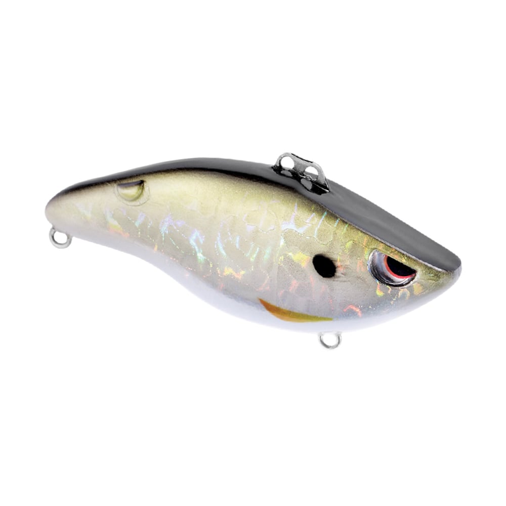 The SPRO Wameku Shad Lipless Crankbait features a shiny, fish-shaped design with a metallic silver and gray body, black dorsal side, red eye detail, and two metal rings on its head and tail.