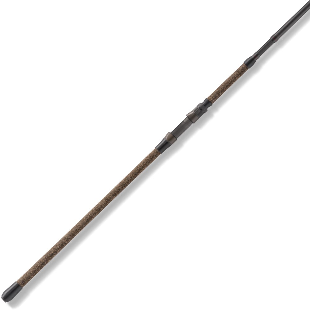 A close-up of the St. Croix Avid Surf Casting Rod 11’0” Medium Heavy (VSC110MHF2) with a brown textured handle and black reel seat, displayed diagonally on white—ideal for maximum casting distance.