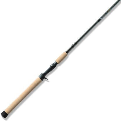 The St. Croix Avid Trek Travel Casting Rod 6'6" Medium Heavy (ATC66MHF3) features Integrated Poly Curve technology, a cork handle, and black reel seat, displayed diagonally on a white background.