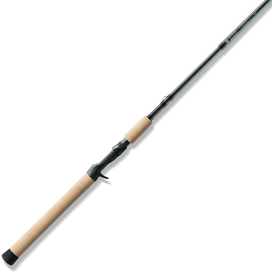 The St. Croix Avid Trek Travel Casting Rod 6'6" Medium Heavy (ATC66MHF3) features Integrated Poly Curve technology, a cork handle, and black reel seat, displayed diagonally on a white background.