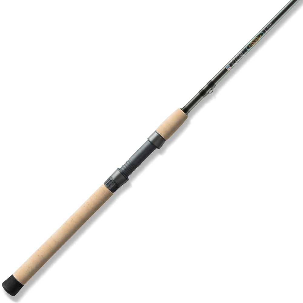 The St. Croix Avid Trek Travel Spinning Rod 7'0" Medium Light (ATS70MLF3) features a long, light brown cork handle and metallic reel seat, extending to a slender graphite pole shown diagonally on a white background.