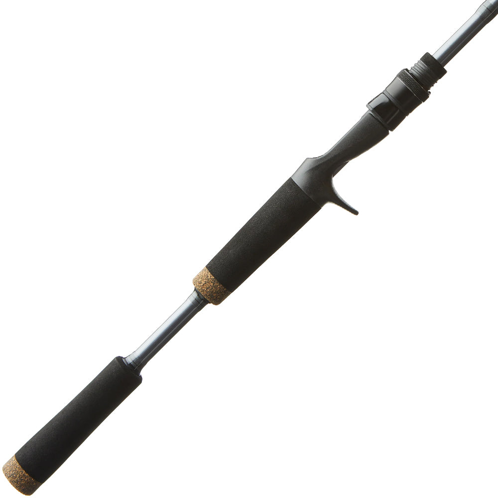 The St. Croix Black Bass Casting Rod 7'5" Medium Heavy (RIC75MHF) is black and silver with cork and foam grips, crafted from SCIII Carbon Fiber, and features a trigger grip for baitcasting reels.
