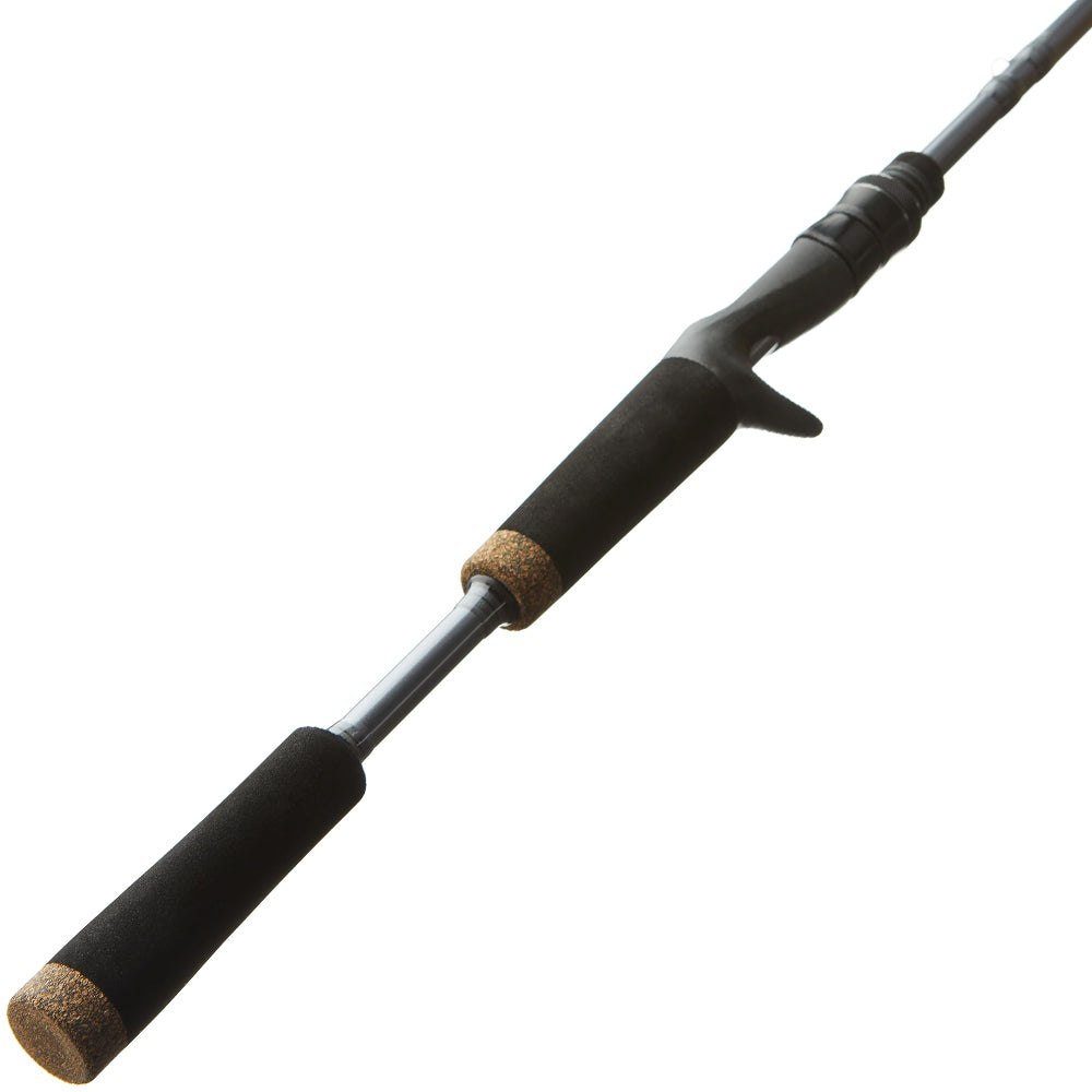 A close-up of the St. Croix Black Bass Casting Rod 7'5" Medium Heavy (RIC75MHF), featuring a black finish, cork handle, and trigger grip, made by St. Croix, displayed at an angle on a white background.