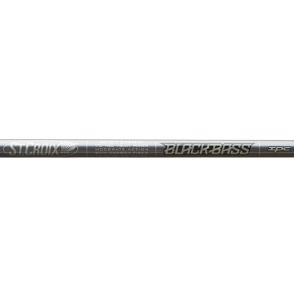 A close-up of the St. Croix Black Bass Casting Rod 7'5" Medium Heavy (RIC75MHF), featuring "Moderate Action, Black Bass, IPC" in metallic lettering on its dark SCIII Carbon Fiber shaft.