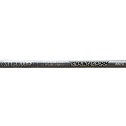 A close-up of the St. Croix Black Bass Casting Rod 7'5" Medium Heavy (RIC75MHF), featuring "Moderate Action, Black Bass, IPC" in metallic lettering on its dark SCIII Carbon Fiber shaft.