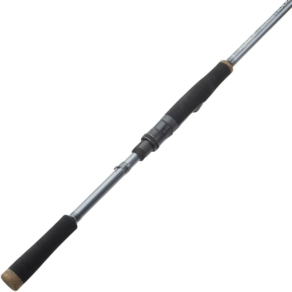 A close-up of the St. Croix Black Bass Spinning Rod 6'8" Medium (RIS68MXF) by St. Croix, featuring black foam handles, a grey reel seat, and a sleek silver carbon fiber blank shaft against a white background.