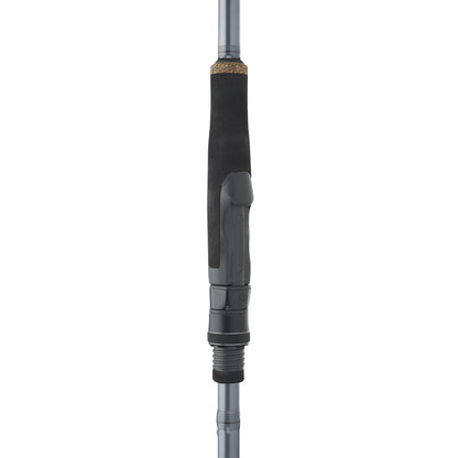 A close-up of the St. Croix Black Bass Spinning Rod 6'8" Medium (RIS68MXF) handle, featuring a black foam grip, reel seat, metallic accents, and the carbon fiber blank visible above and below the grip.