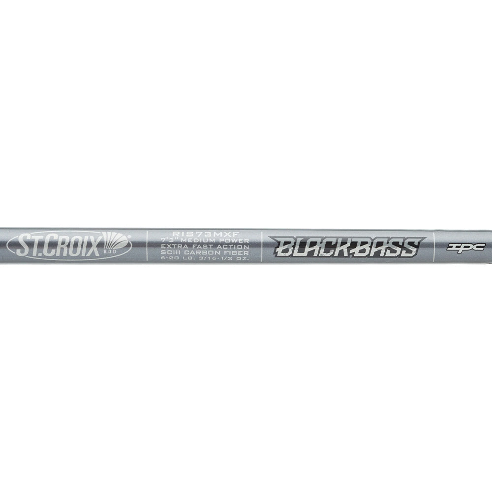 A close-up of a St. Croix Black Bass Spinning Rod 6'8" Medium (RIS68MXF) shows the model name, technical specs, and brand details printed in white on the gray carbon fiber blank.
