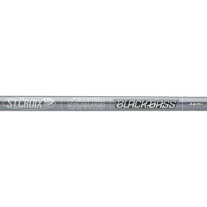 A close-up of a St. Croix Black Bass Spinning Rod 6'8" Medium (RIS68MXF) shows the model name, technical specs, and brand details printed in white on the gray carbon fiber blank.