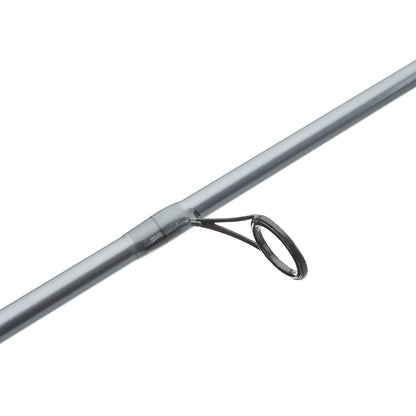 A close-up of a St. Croix Black Bass Spinning Rod 6'8" Medium (RIS68MXF) highlights one of its circular line guides secured with metal supports to the carbon fiber blank.