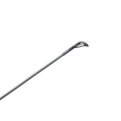 A close-up of a long, thin St. Croix Black Bass Spinning Rod 6'8" Medium (RIS68MXF) with a small, curved, notched tip, isolated on a white background.