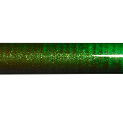 A close-up of the St. Croix Eyecon Spinning Rod 7’1” Medium Rip-N-Rap (EYS71MF) highlights its shiny, reflective green finish with a sparkling, glittery texture and metallic gradients of green and gold for an iridescent look.
