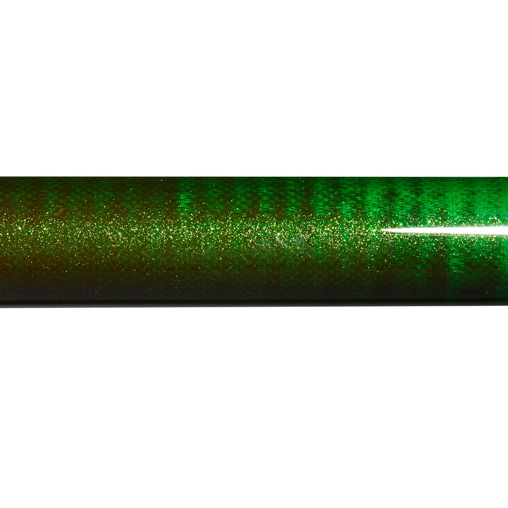 A close-up of the St. Croix Eyecon Spinning Rod 8’0” Medium Light Drift-N-Float (EYS80MLF2), its sleek, metallic green body glimmering with gold sparkles and catching the light.