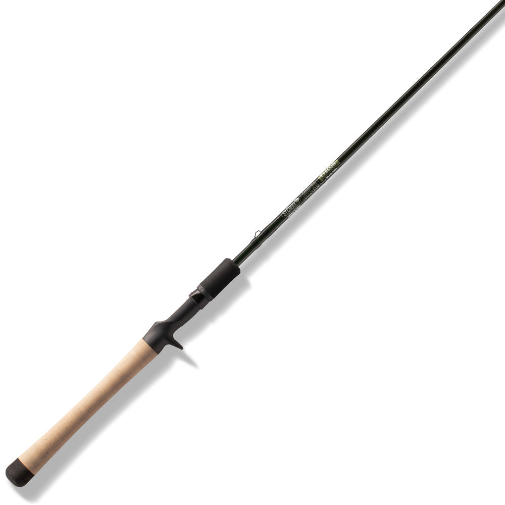 The St. Croix Eyecon Casting Rod 7’0” Medium Heavy Bounce-N-Troll (EYC70MHM) features a cork handle, black reel seat, and long, slender black pole, displayed against a white background.