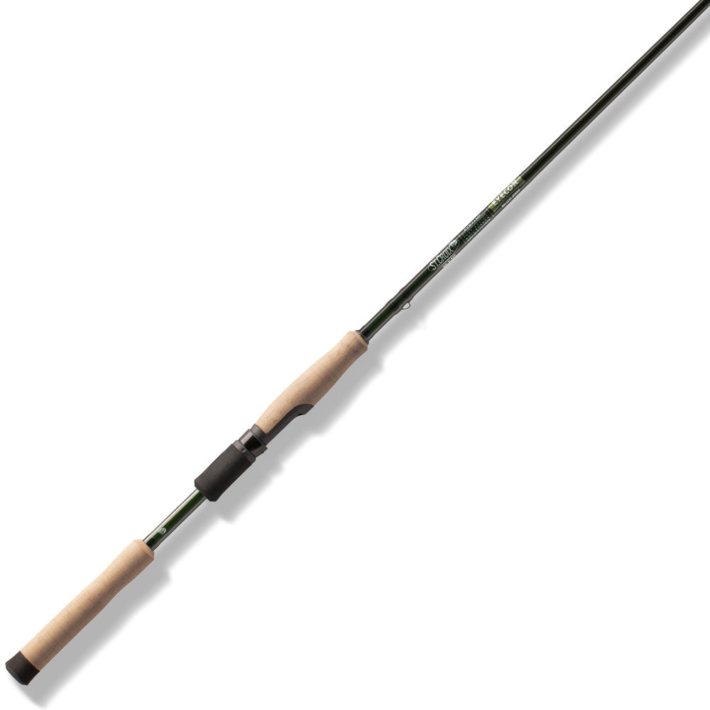The St. Croix Eyecon Spinning Rod 6’8” Medium Snap Jig (EYS68MXF) features a cork handle, dark green shaft, black and brown grip sections, and metal guides, shown diagonally on a white background.