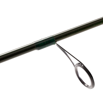 Close-up of the St. Croix Eyecon Spinning Rod 6’6” Medium Big Water 2 Piece (EYS66MF2), featuring an SCII carbon fiber build and a line guide ring, shown diagonally against a white background.