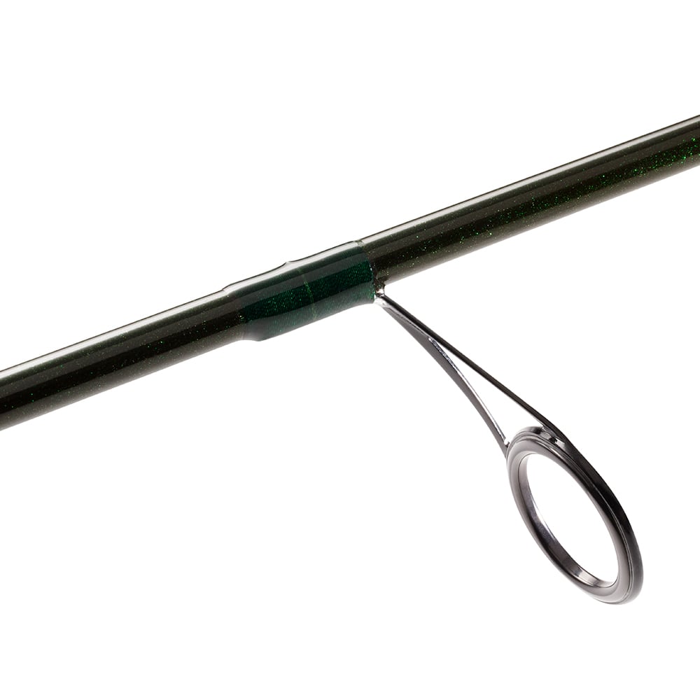 A close-up of the St. Croix Eyecon Spinning Rod 7’1” Medium Jig-N-Rap (EYS71MMF) guide ring mounted on the dark green St. Croix fishing rod, isolated against a white background.