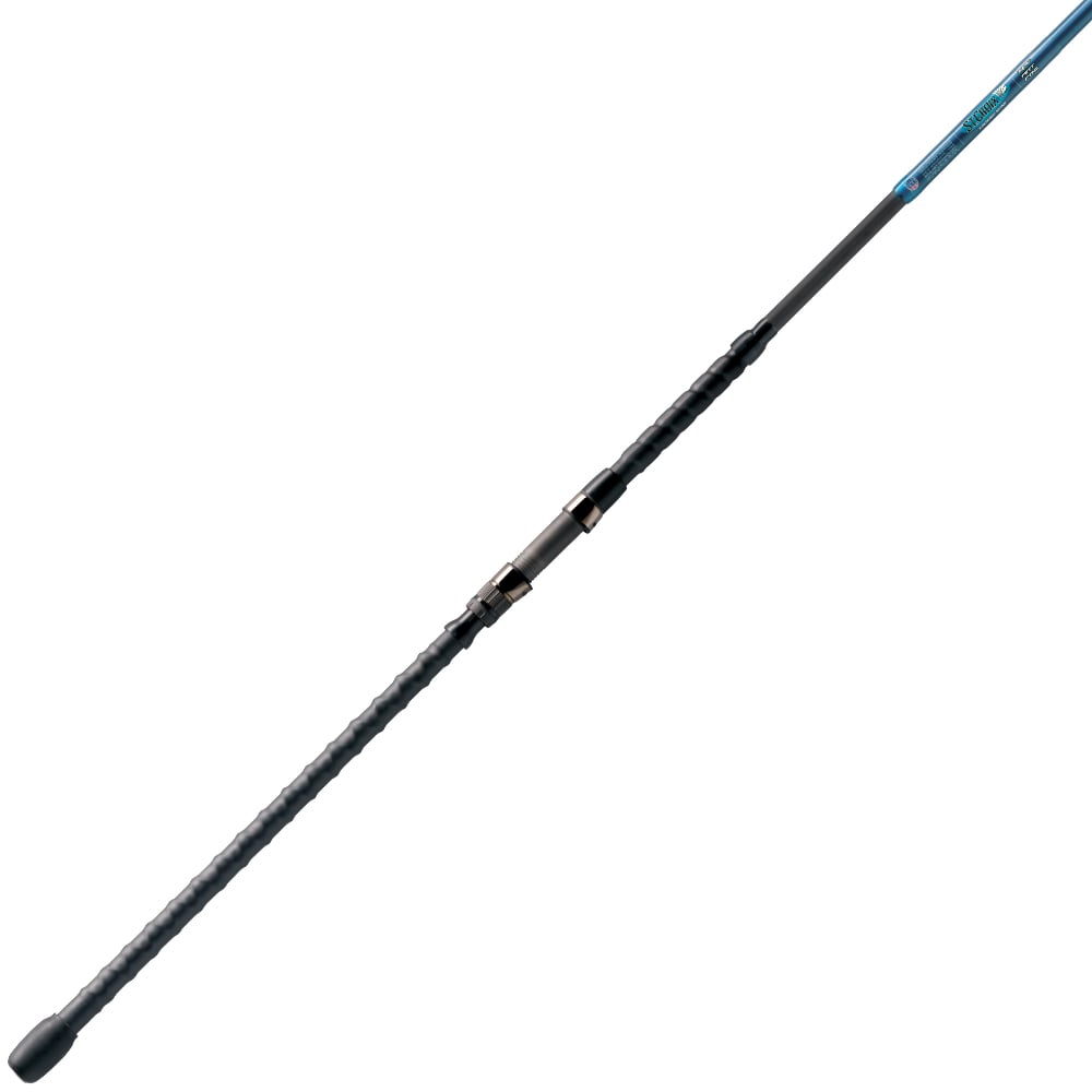 The St. Croix Legend Surf Spinning Rod 9'0" (GSS90MMF2), a 2-piece medium moderate fast rod, features a black grip handle, silver reel seat, long blue shaft, and Fuji® K-Series guides, shown diagonally on a white background.