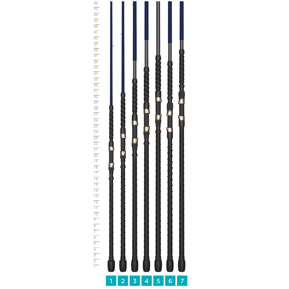 Seven St. Croix Legend Surf Spinning Rods (8'0" Medium | GSS80MMF) are lined up side by side beside a height chart in inches, labeled 1 to 7 at the base, ranging from about 19” to 46” tall.