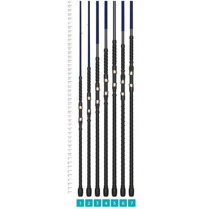 Seven St. Croix Legend Surf Casting Rods, each labeled 1 through 7, are lined up vertically against a height chart ranging from 1 to 46 inches. The rods feature blue and black segments and resemble extendable walking sticks of varying lengths.