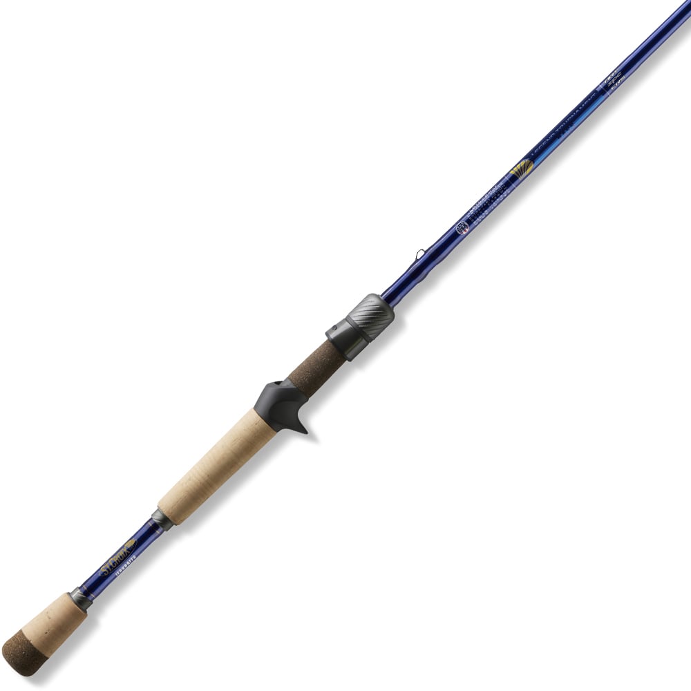 Meet the St. Croix Legend Tournament Bass Casting Rod LBTC68MXF from americanlegacyfishing, a 6'8" medium jerkbait rod with a blue finish and cork handle. Crafted with SCIV+ Carbon Fiber and Advanced Reinforcing Technology, it boasts a dark reel seat and metal guides for exceptional performance.